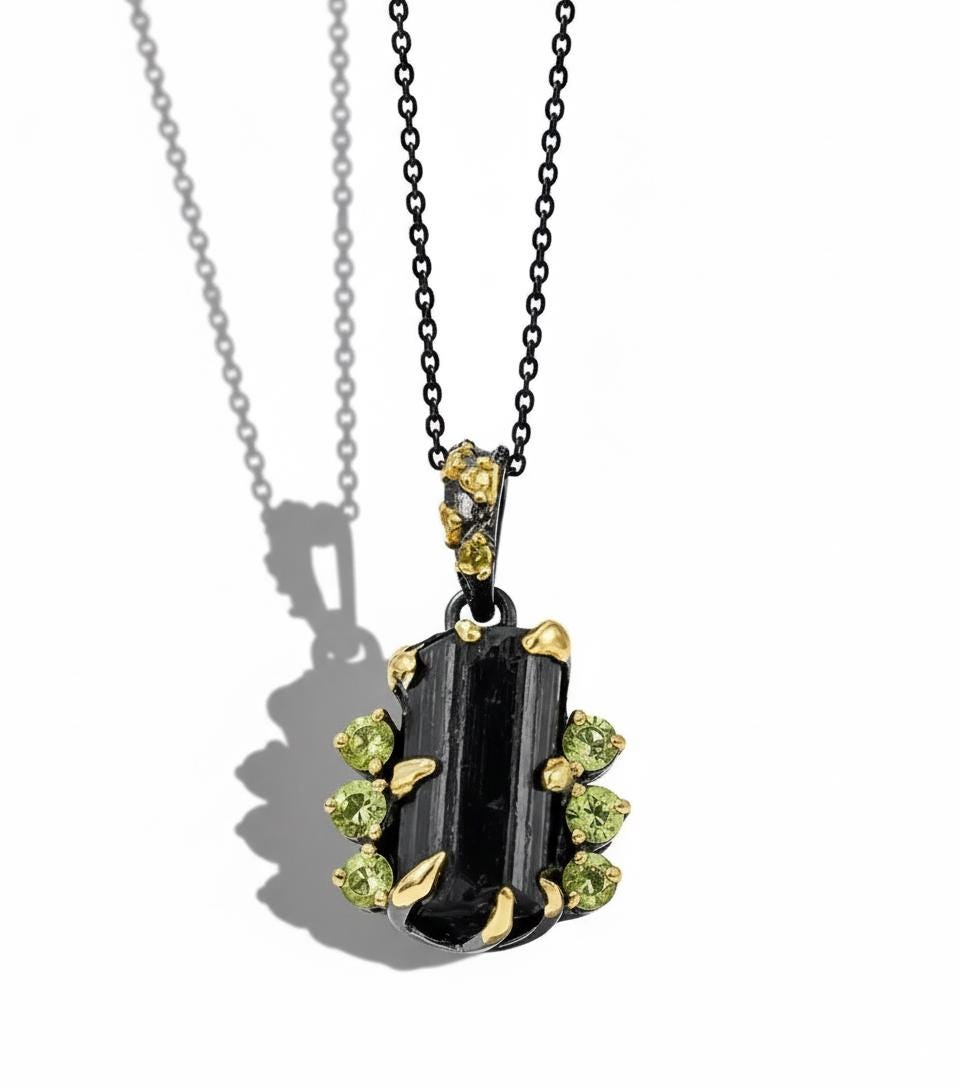 925 Sterling Silver Raw Black Tourmaline Chunky Necklace