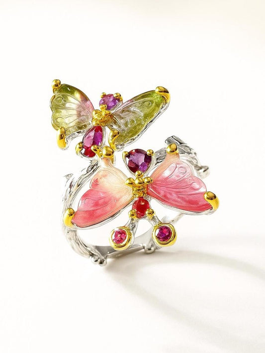 925 Sterling Silver Butterfly Tourmaline Ring