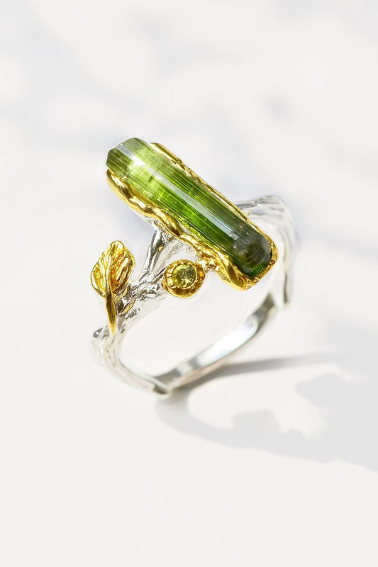 925 Sterling Silver Raw Tourmaline Branch Ring