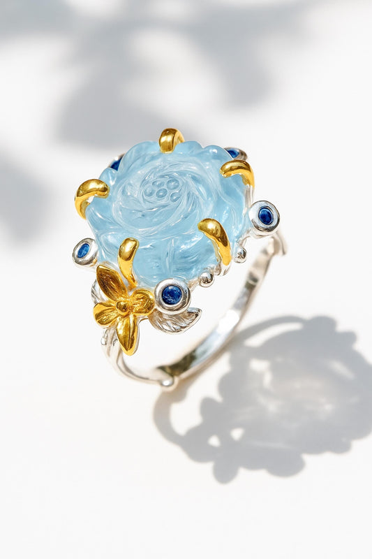 925 Sterling Silver Aquamarine Rose Branch Ring
