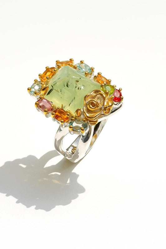 925 sterling silver green prehnite forest ring