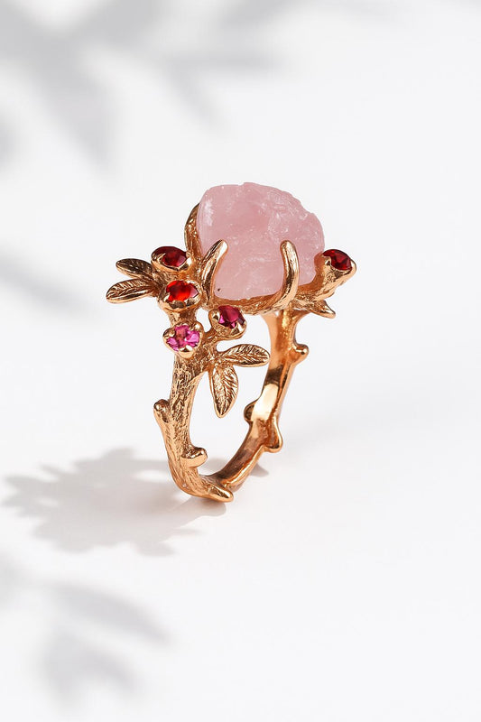 14K solid gold raw pink morganite branch ring
