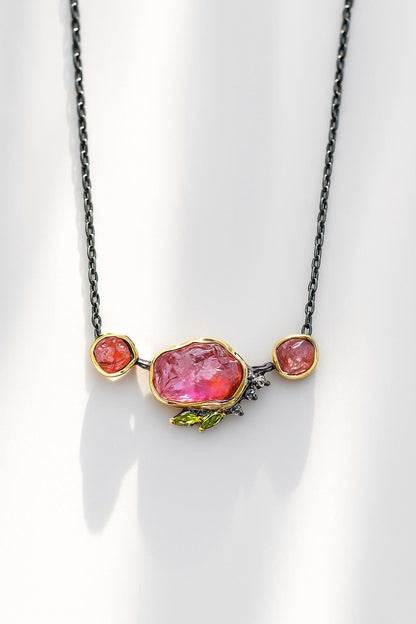 925 sterling silver pink ruby rough bar necklace