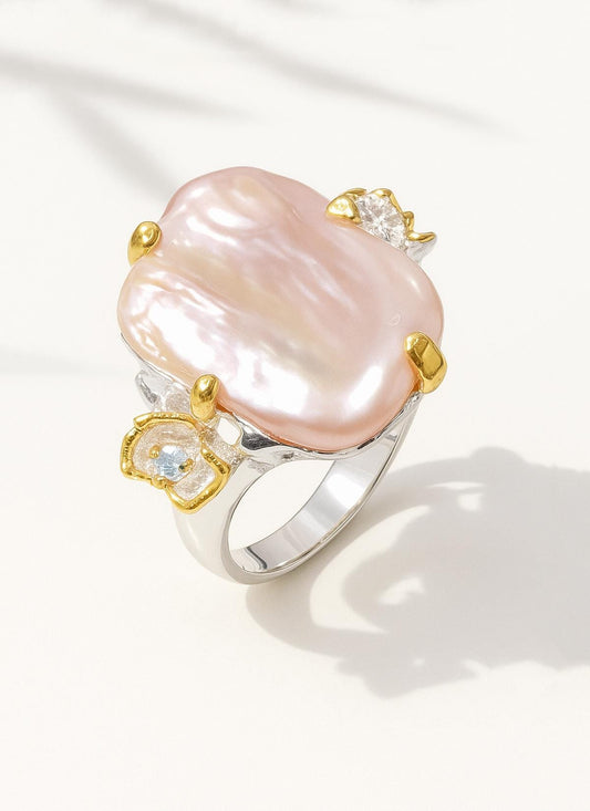 925 Sterling Silver Baroque Pearl Flower Ring