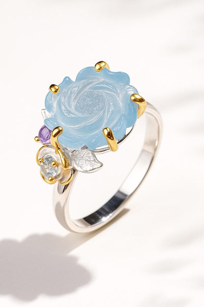925 Sterling Silver Aquamarine Rose Promise Ring