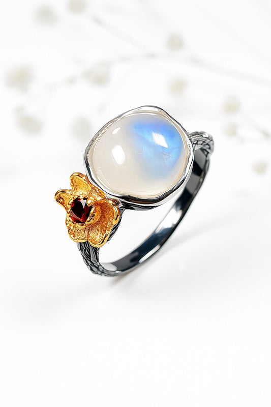 925 Sterling Silver Rainbow Moonstone Branch Ring