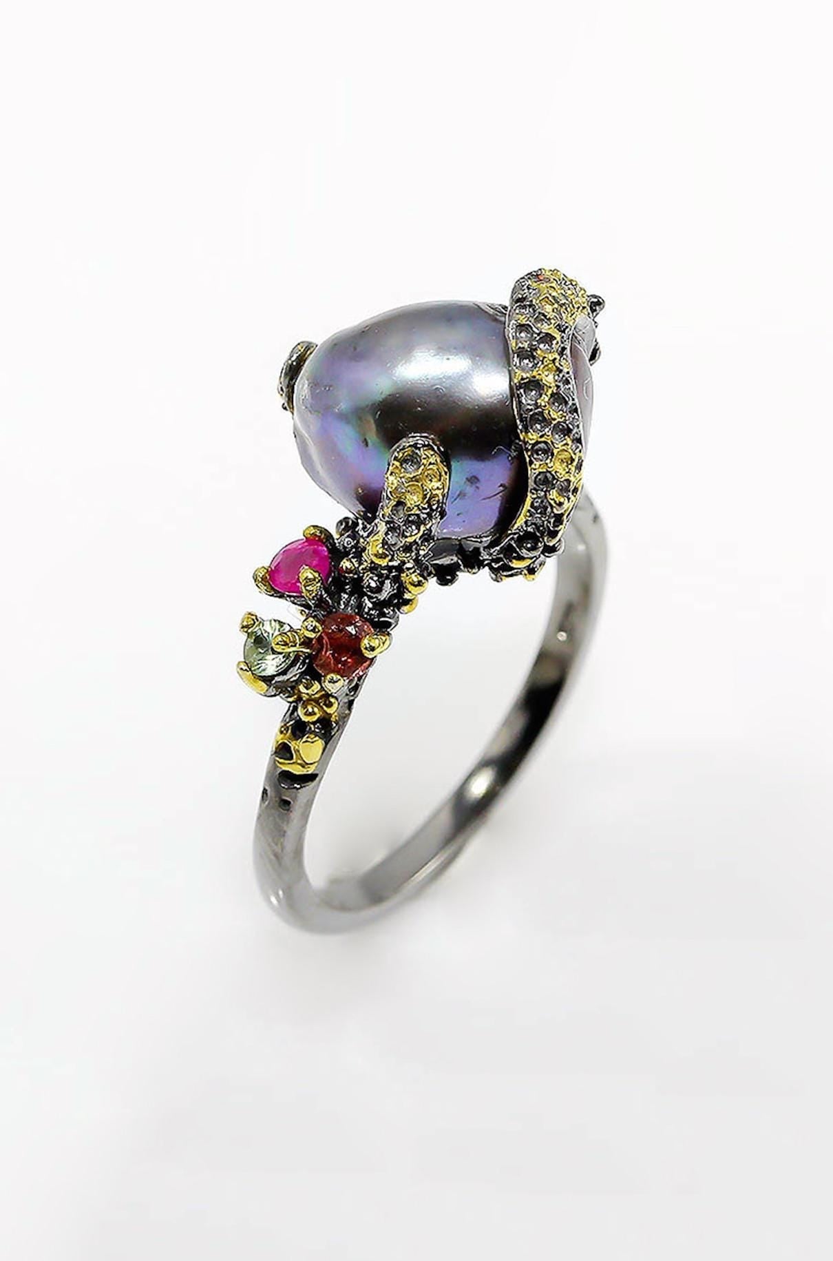 925 Sterling Silver Black Pearl Octopus Tentacle Ring