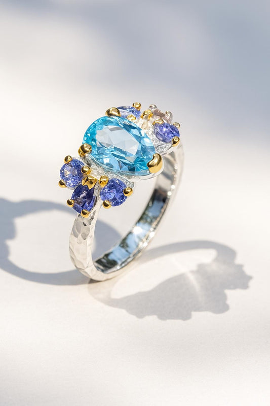 925 Sterling Silver Blue Topaz Hammered Rings