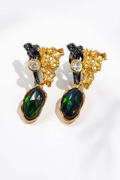 925 Sterling Silver Black Opal Leaf Earrings