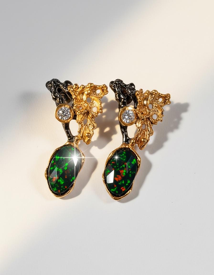 925 Sterling Silver Black Opal Leaf Earrings