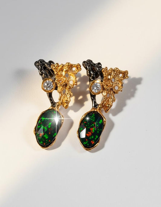 925 Sterling Silver Black Opal Leaf Earrings
