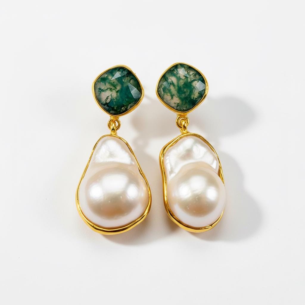 925 Sterling Silver Pearl Moss Agate Statement Earrings