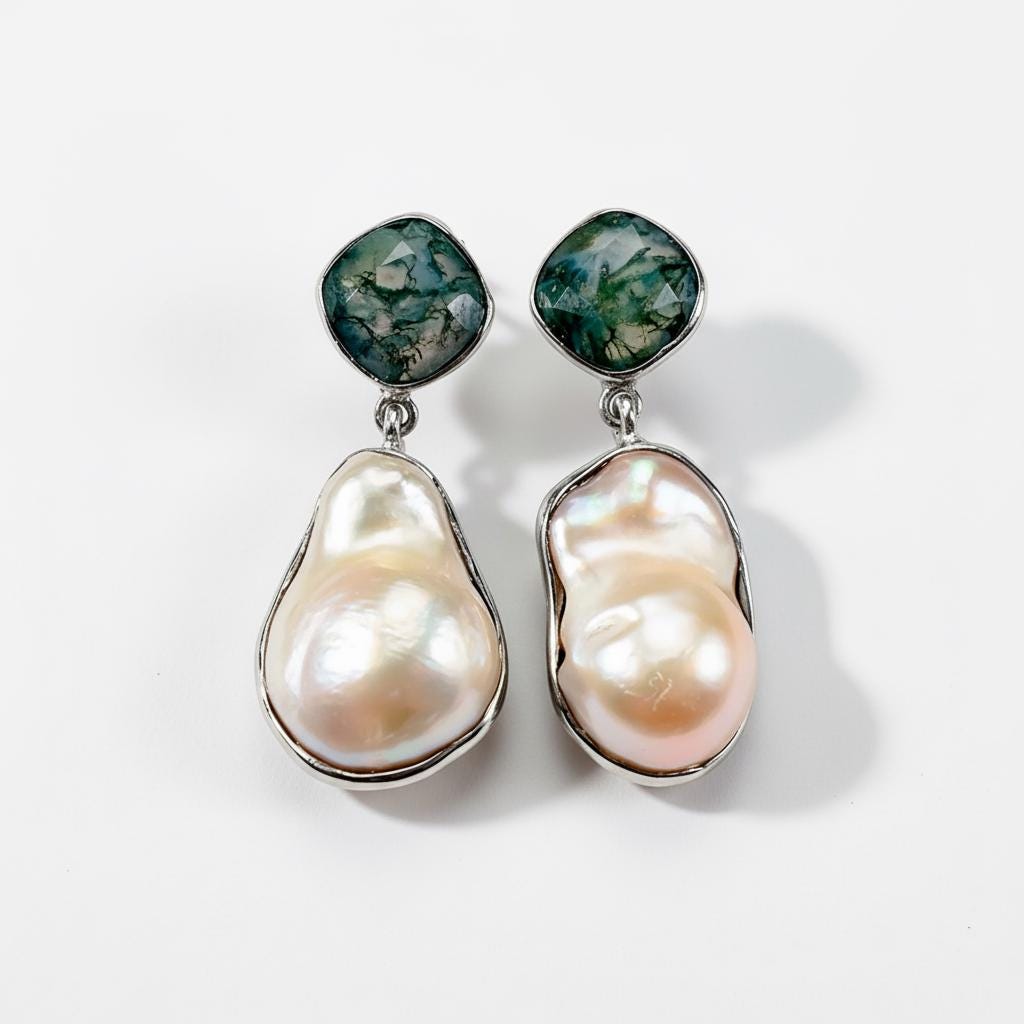 925 Sterling Silver Pearl Moss Agate Statement Earrings