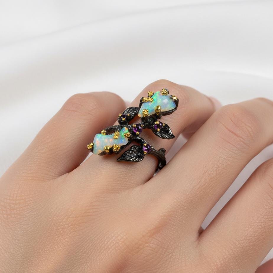 925 Sterling Silver Fire Opal Branch Ring