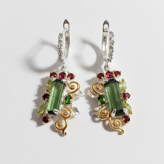 925 Sterling Silver Raw Tourmaline Dangle Earrings