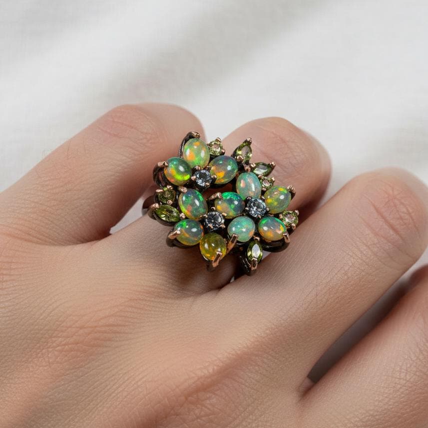 925 Sterling Silver Rainbow Opal Flower Ring