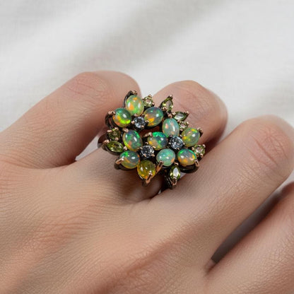 925 Sterling Silver Rainbow Opal Flower Ring