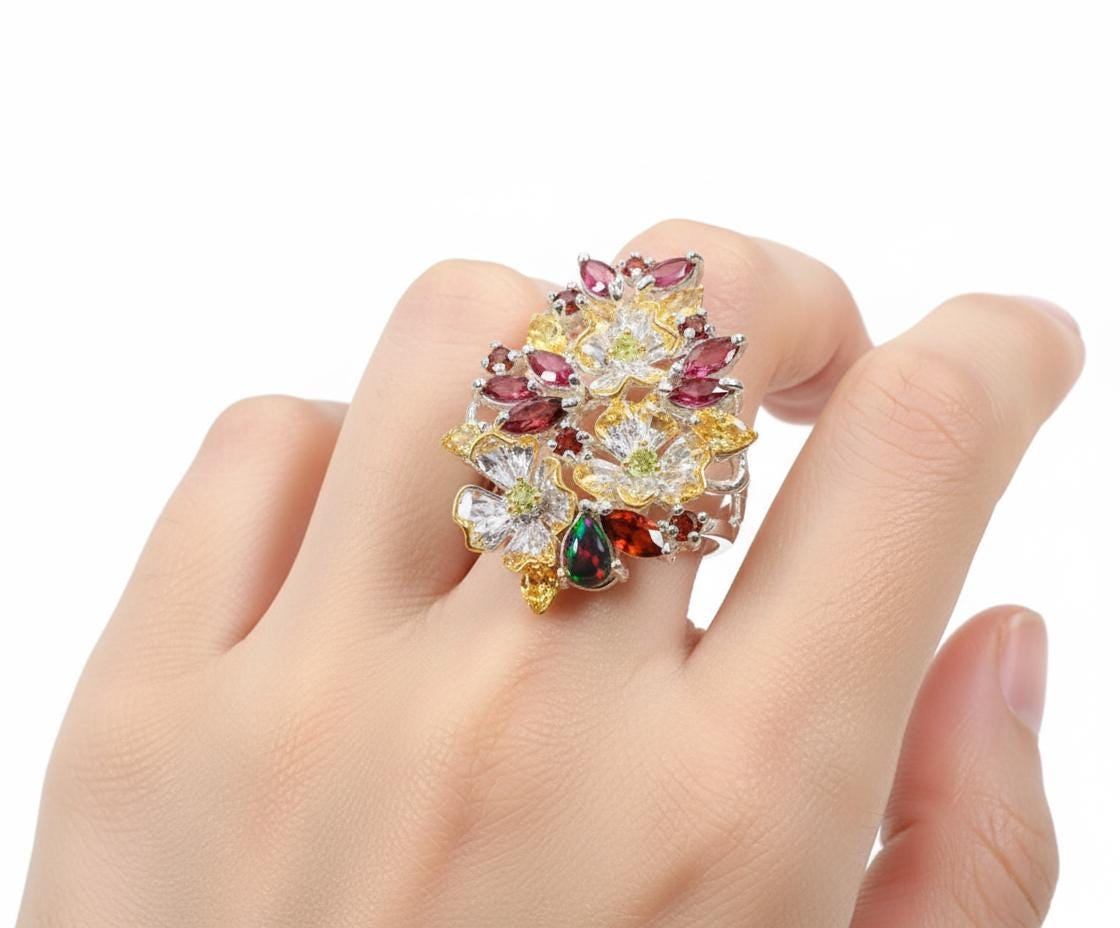925 Sterling Silver Garnet Rhodolite Flower Ring