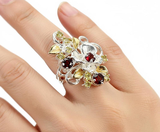 925 Sterling Silver Red Garnet Statement Flower Ring