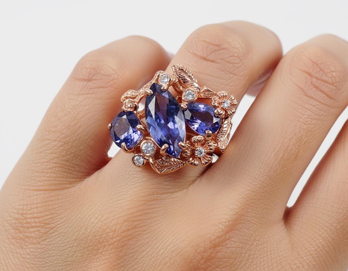 925 sterling silver blue iolite flower ring