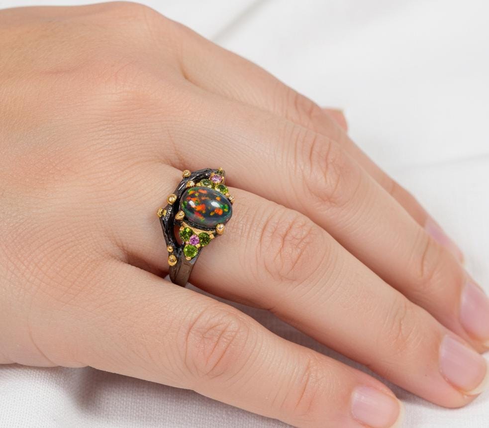 925 Sterling Silver Black Opal Branch Ring