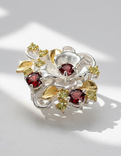 925 Sterling Silver Red Garnet Statement Flower Ring