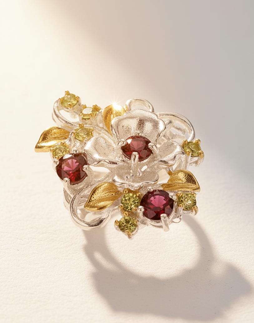 925 Sterling Silver Red Garnet Statement Flower Ring