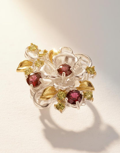 925 Sterling Silver Red Garnet Statement Flower Ring