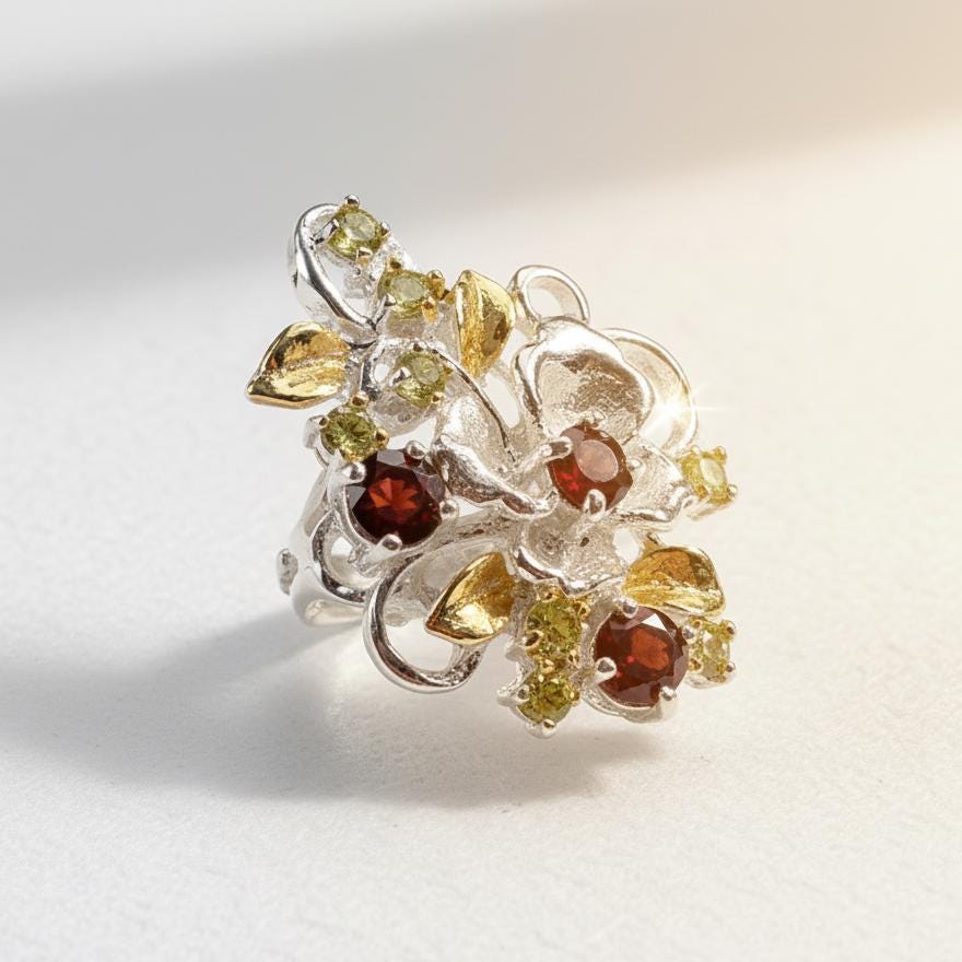 925 Sterling Silver Red Garnet Statement Flower Ring