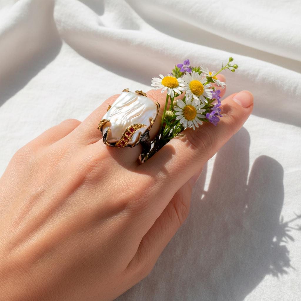 925 Sterling Silver Freshwater Pearl Ring, setting detail