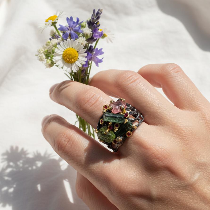 925 Sterling Silver Raw Tourmaline Statement Ring