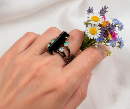 925 Sterling Silver Raw Black Tourmaline Pencil Ring