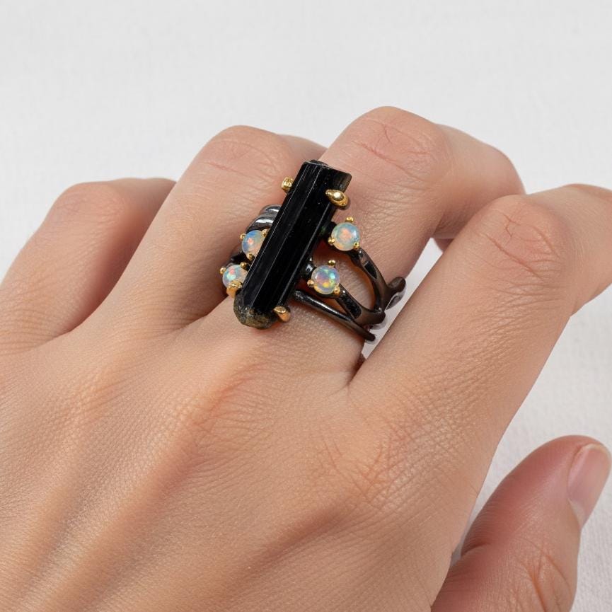 925 Sterling Silver Raw Black Tourmaline Pencil Ring