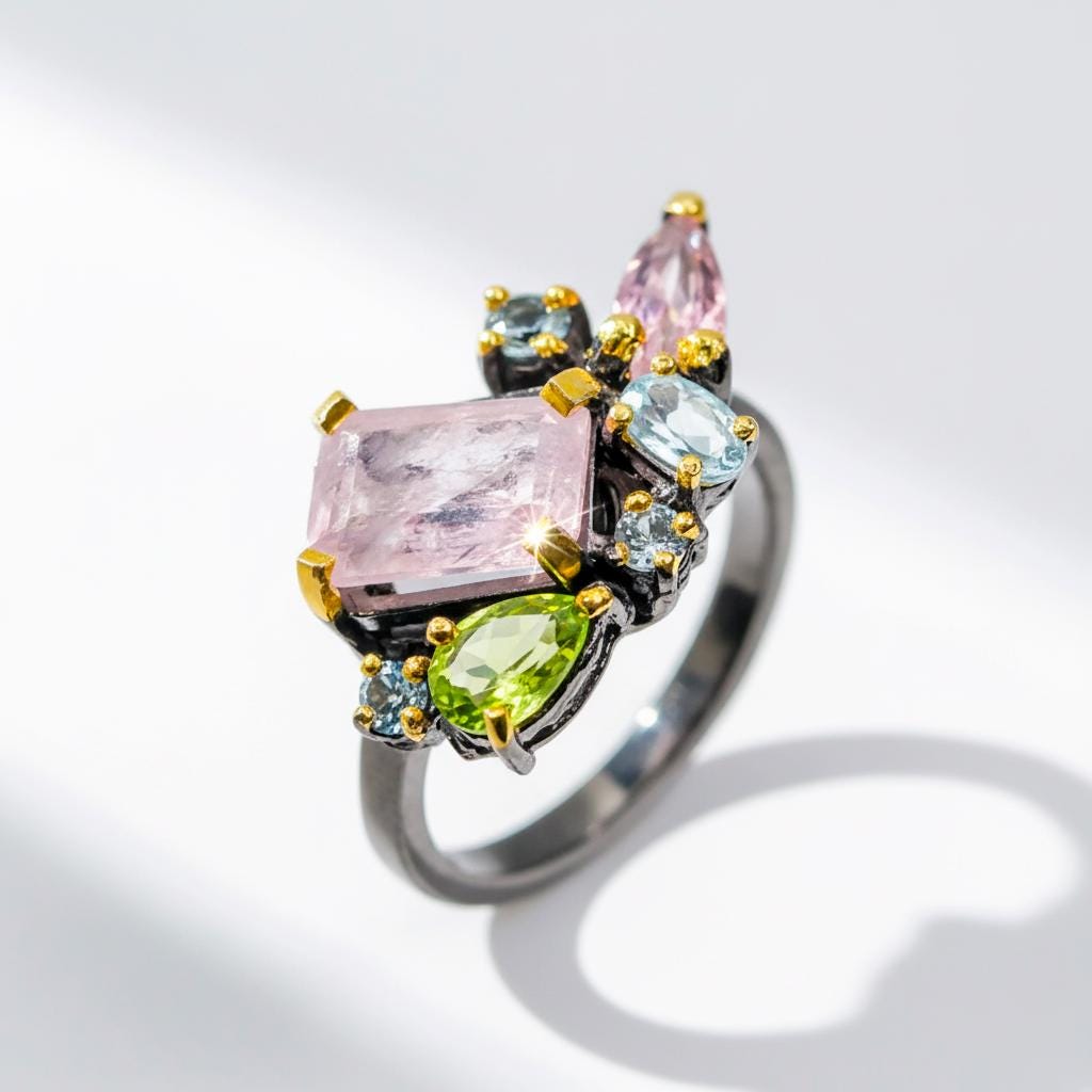 925 Sterling Silver Morganite Cluster Ring