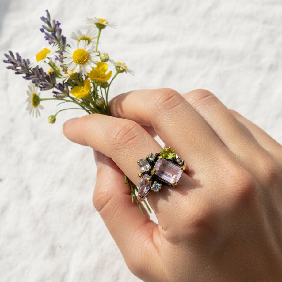 925 Sterling Silver Morganite Cluster Ring