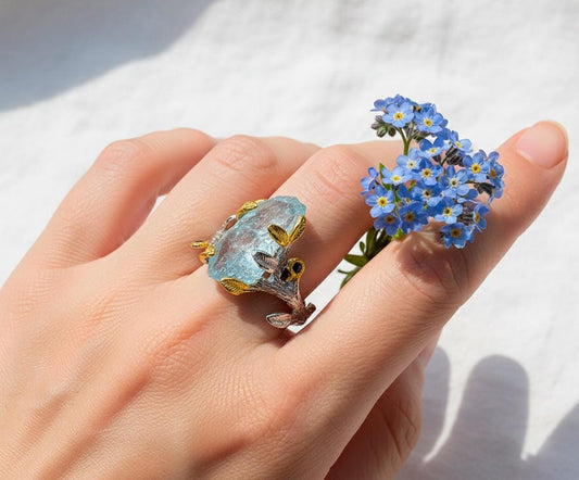 925 Sterling Silver Raw Aquamarine Branch Ring