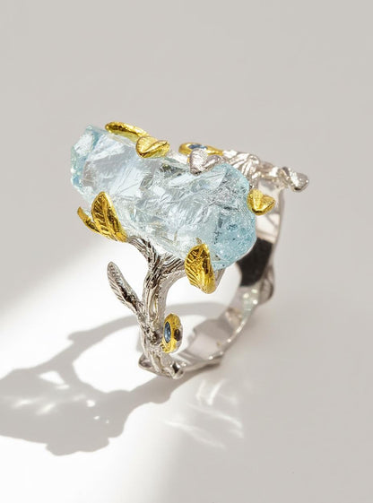 925 Sterling Silver Raw Aquamarine Branch Ring