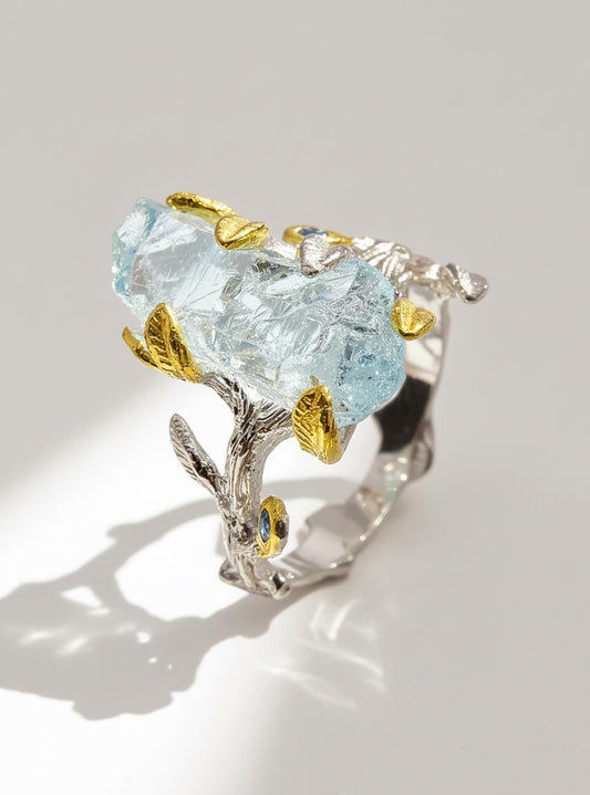 925 Sterling Silver Raw Aquamarine Branch Ring