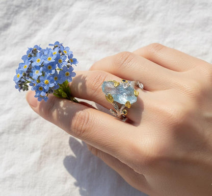 925 Sterling Silver Raw Aquamarine Branch Ring