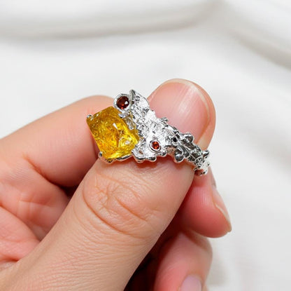 925 Sterling Silver Raw Yellow Stone Ring