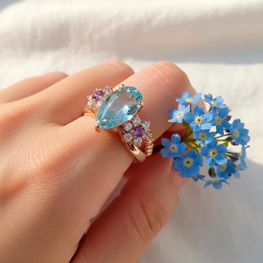 925 Sterling Silver Aquamarine Flower Ring
