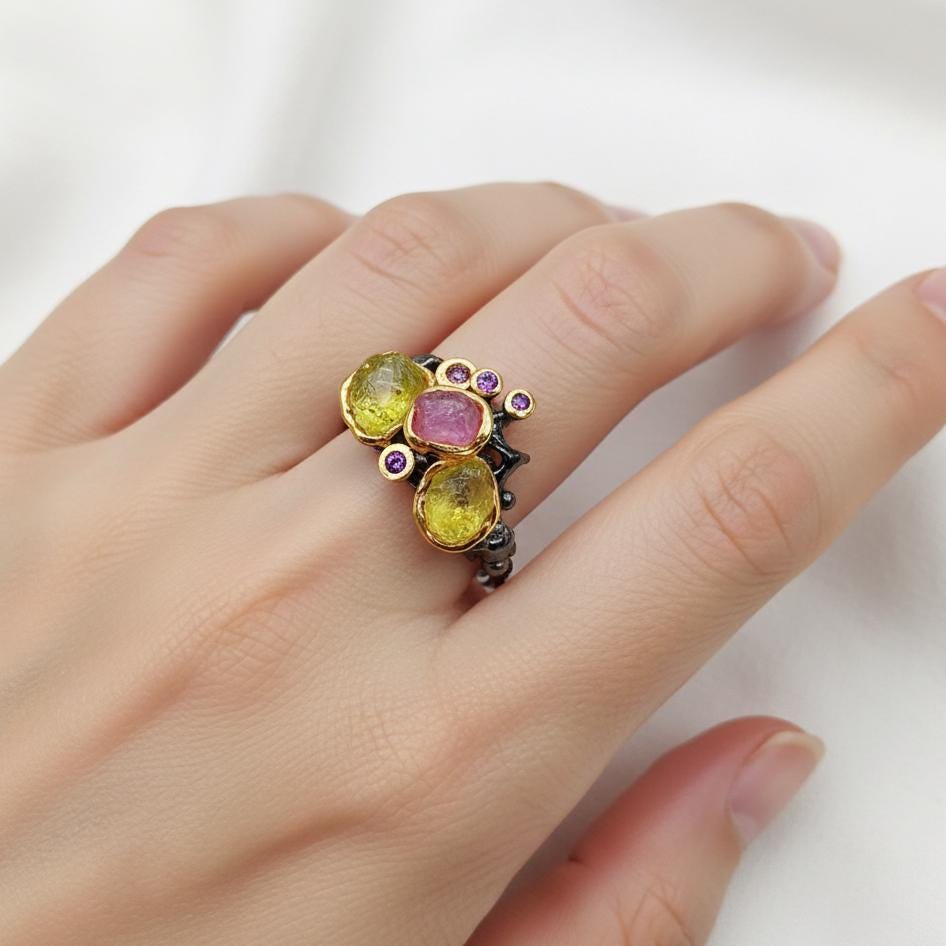 925 Sterling Silver Raw Peridot Branch Ring