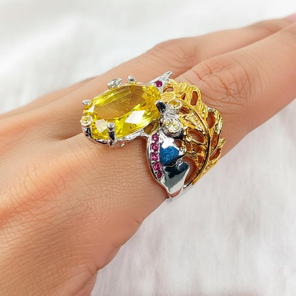 925 sterling silver lemon quartz nature ring