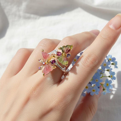 925 Sterling Silver Butterfly Tourmaline Ring