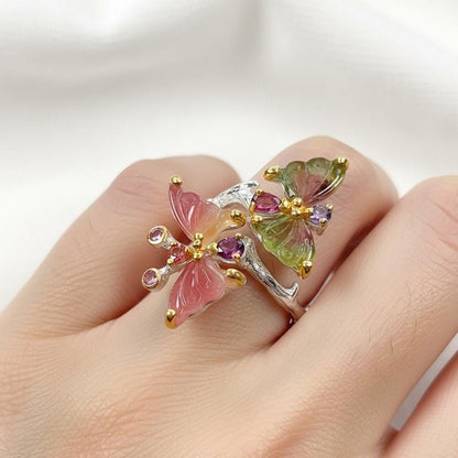 925 Sterling Silver Butterfly Tourmaline Ring