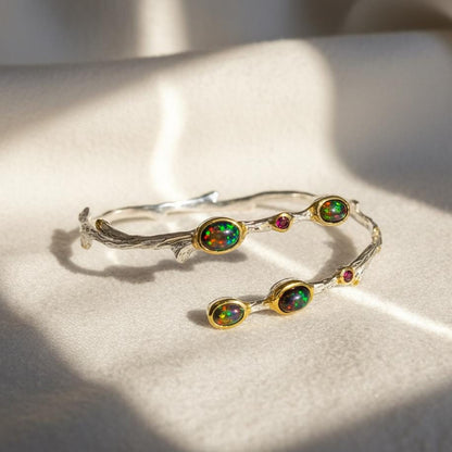 925 Sterling Silver Black Opal Branch Cuff Bracelet
