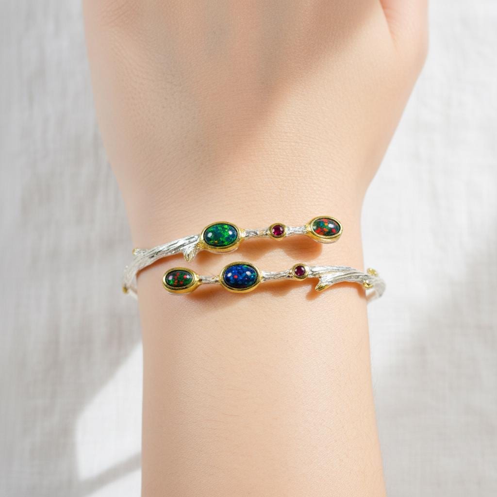 925 Sterling Silver Black Opal Branch Cuff Bracelet