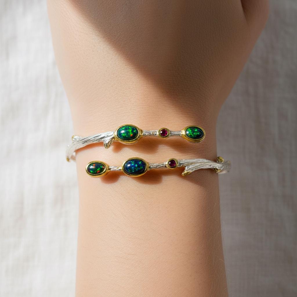 925 Sterling Silver Black Opal Branch Cuff Bracelet