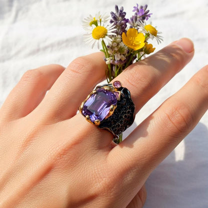 925 Sterling Silver Amethyst Chunky Wide Ring
