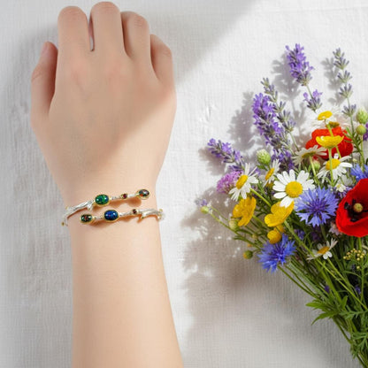 925 Sterling Silver Black Opal Branch Cuff Bracelet